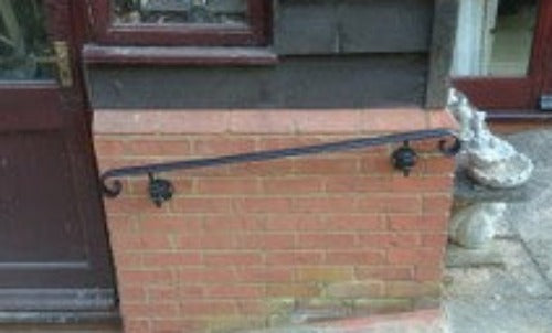 Wrought iron style handrail with scroll ends, ornamental brackets for interior or exterior use - www.sheffarc.com