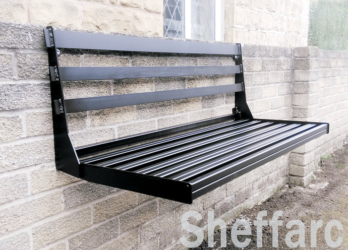 Wall Mounted seating,  Foldaway / Fold up Metal Garden Seat / Bench / Chair, space saving - www.sheffarc.com